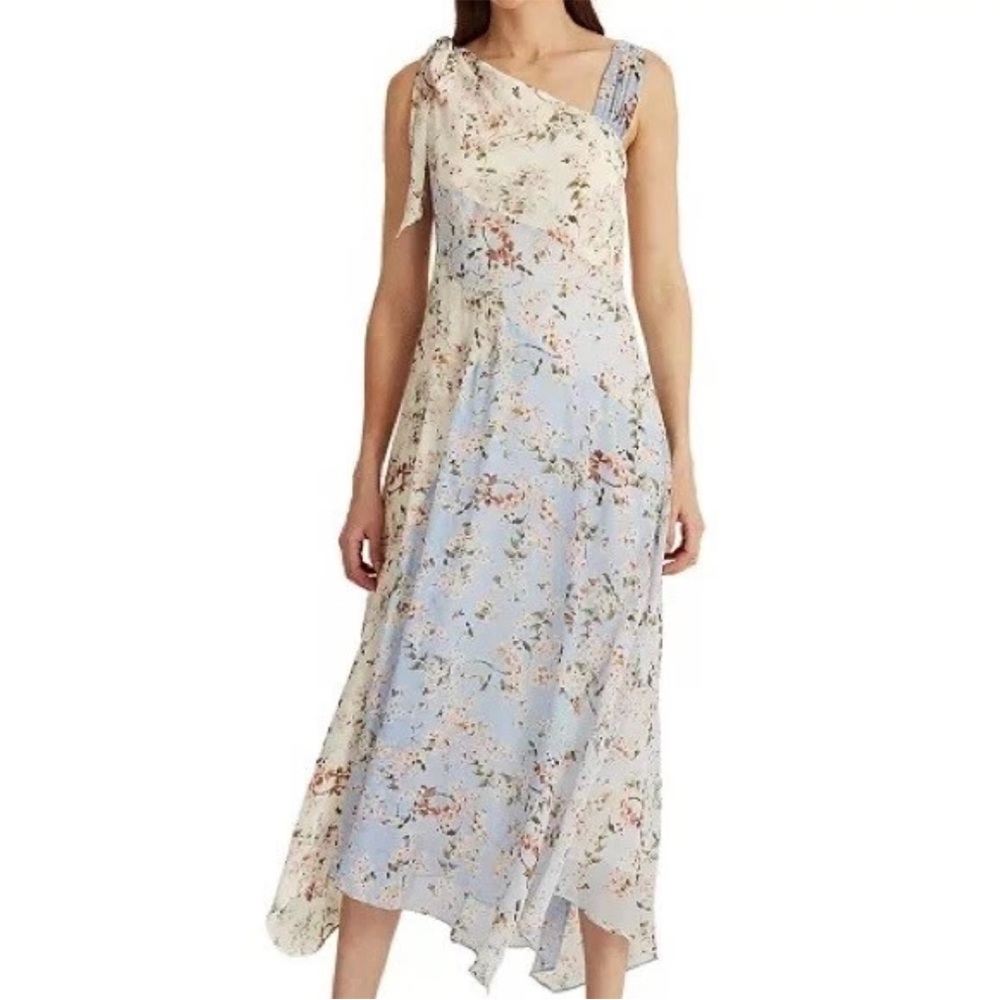 Ralph Lauren Floral Print Asymmetrical Hem Bow Georgette Sleeveless Dress 14